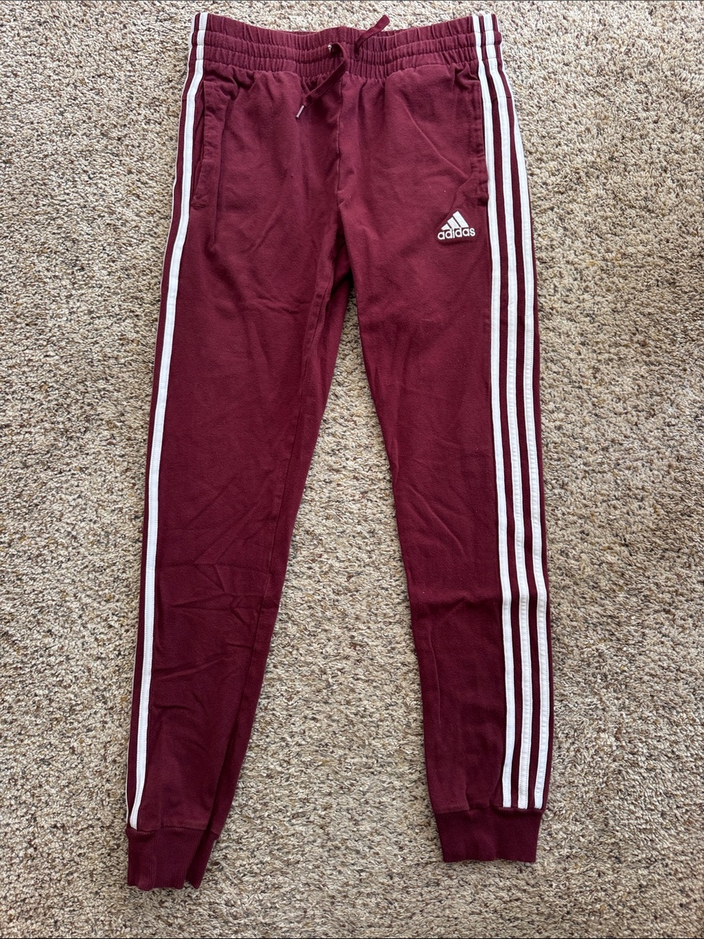 adidas womens Burgundy Joggers with White Stripes